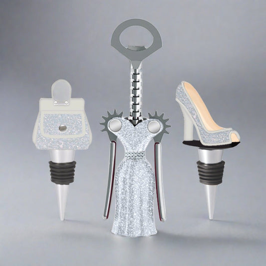 Silver Glitter Corkscrew and Wine Stopper Set - Sister.ly Drinkware